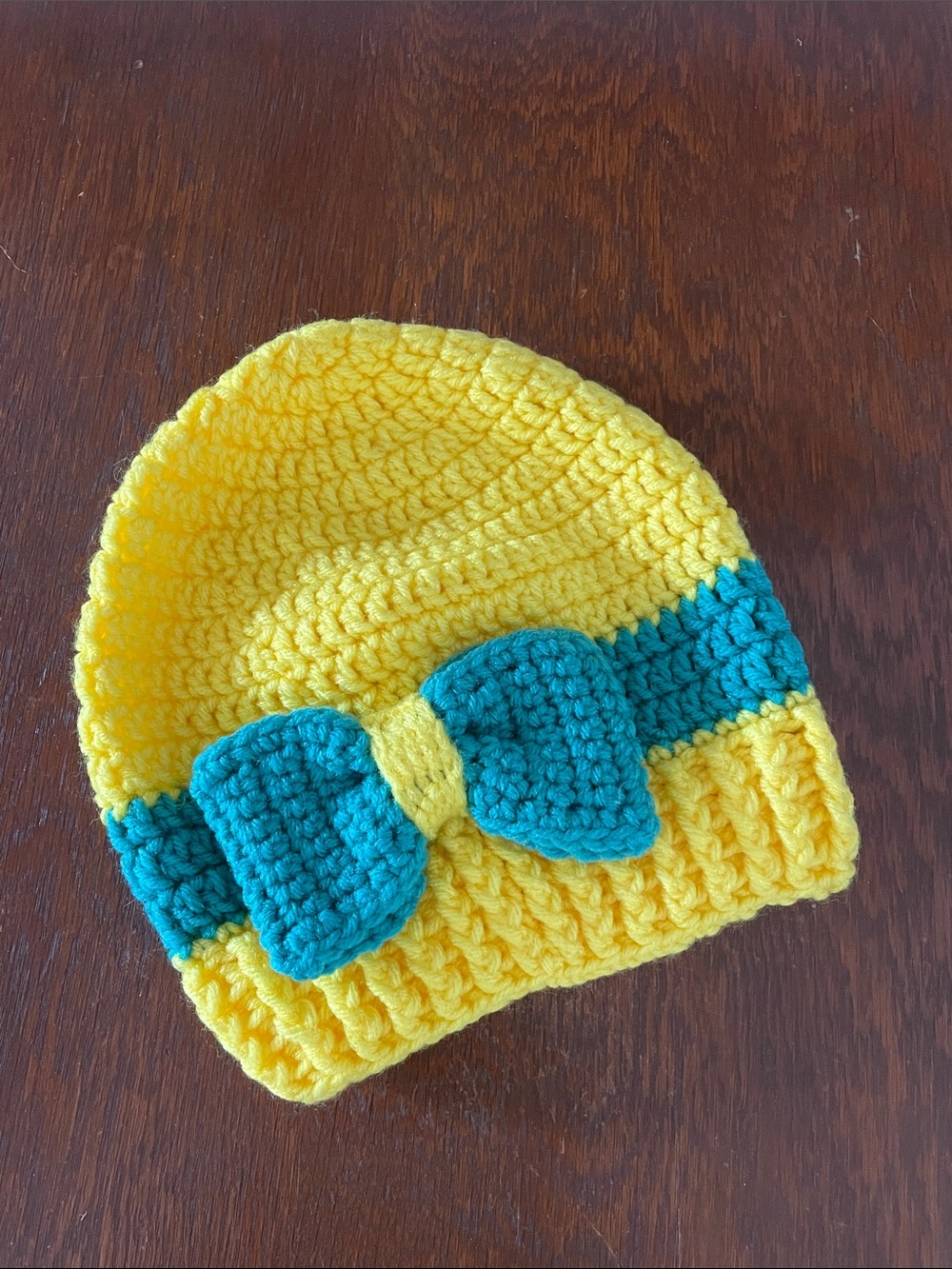 Handmade Yellow and Teal Crochet  Beanie with Bow